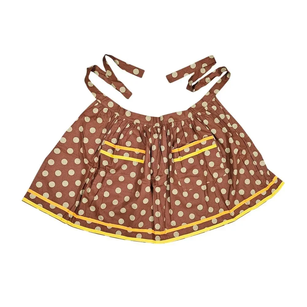 BROWN POLKADOT WAIST APRON – HANDMADE – RETRO STYLE – YELLOW TRIM – CLEAN